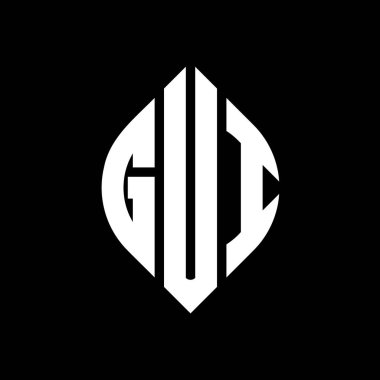 Çember ve elips şekilli GUI daire harf logosu tasarımı. Tipografik şekilli GUI elips harfleri. Üç baş harf daire şeklinde bir logo oluşturuyor. Arayüz Çemberi Amblemi Soyut Monogram Harf İşaretleme Vektörü.