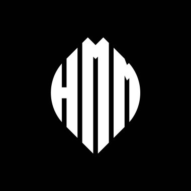Çember ve elips şekilli HMM daire harf logosu tasarımı. Tipografik biçimli elips harfler. Üç baş harf daire şeklinde bir logo oluşturuyor. HMM Çember Amblemi Soyut Monogram Harf İşaretleyici Vektörü.