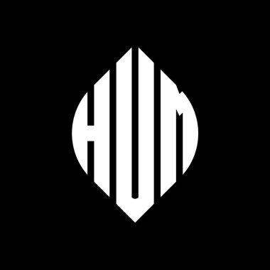 Çember ve elips şekilli HUM daire harf logosu tasarımı. Typographic tarzında elips harfler. Üç baş harf daire şeklinde bir logo oluşturuyor. HUM Çember Amblemi Soyut Monogram Harf İşaretleyici Vektörü.