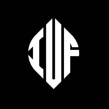 Çember ve elips şekilli IUF daire harf logosu tasarımı. Tipografik biçimli IUF elips harfleri. Üç baş harf daire şeklinde bir logo oluşturuyor. IUF Çember Amblemi Soyut Monogram Harf İşaretleyici Vektörü.