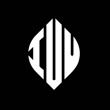 Dairesel ve elips şekilli IUV daire harf logosu tasarımı. Tipografik şekilli IUV elips harfleri. Üç baş harf daire şeklinde bir logo oluşturuyor. IUV Çember Amblemi Soyut Monogram Harf İşaretleyici Vektörü.