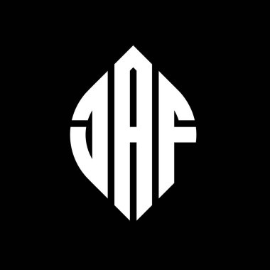 Daire ve elips şekilli JAF daire harf logosu tasarımı. Tipografik şekilli JAF elips harfleri. Üç baş harf daire şeklinde bir logo oluşturuyor. JAF Çember Amblemi Soyut Monogram Harf İşaretleyici Vektörü.