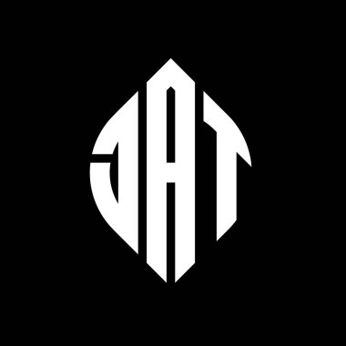 Çember ve elips şekilli JAT daire harf logosu tasarımı. Tipografik biçimli JAT elips harfleri. Üç baş harf daire şeklinde bir logo oluşturuyor. JAT Çemberi Amblemi Soyut Monogram Harf İşaretleyici Vektörü.