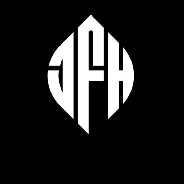 Dairesel ve elips şekilli JFH daire harf logosu tasarımı. Tipografik biçimli JFH elips harfleri. Üç baş harf daire şeklinde bir logo oluşturuyor. JFH Çember Amblemi Soyut Monogram Harf İşaretleyici Vektörü.