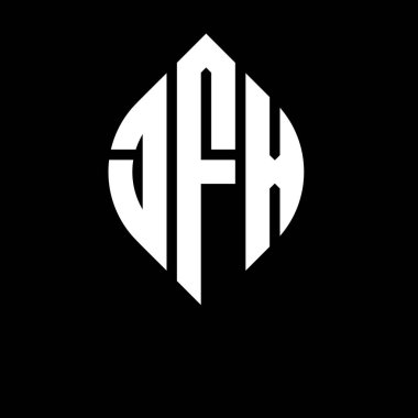 Çember ve elips şekilli JFX daire harf logosu tasarımı. Tipografik biçimli JFX elips harfleri. Üç baş harf daire şeklinde bir logo oluşturuyor. JFX Çember Amblemi Soyut Monogram Harf İşaretleyici Vektörü.