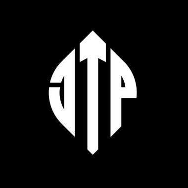 Çember ve elips şekilli JTP daire harf logosu tasarımı. Tipografik biçimli JTP elips harfleri. Üç baş harf daire şeklinde bir logo oluşturuyor. JTP Çember Amblemi Soyut Monogram Harf İşaretleyici Vektörü.