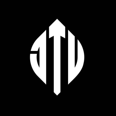 Çember ve elips şekilli JTU daire harf logosu tasarımı. Tipografik şekilli JTU elips harfleri. Üç baş harf daire şeklinde bir logo oluşturuyor. JTU Çember Amblemi Soyut Monogram Harf İşaretleyici Vektörü.