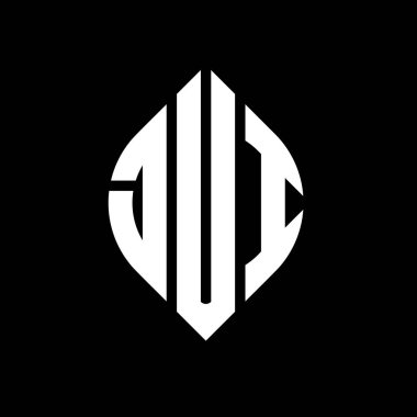 Daire ve elips şekilli JUI daire harf logosu tasarımı. Typographic tarzında elips harfler. Üç baş harf daire şeklinde bir logo oluşturuyor. JUI Çember Amblemi Soyut Monogram Harf İşaretleyici Vektörü.