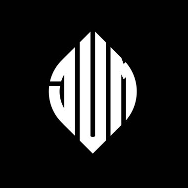 Daire ve elips şekilli JUM daire harf logosu tasarımı. Tipografik biçimli JUM elips harfleri. Üç baş harf daire şeklinde bir logo oluşturuyor. JUM Çember Amblemi Soyut Monogram Harf İşaretleyici Vektörü.