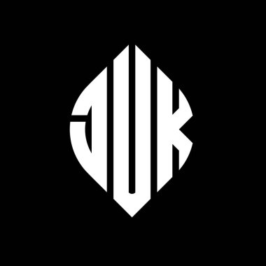 Daire ve elips şekilli JUK daire harf logosu tasarımı. Tipografik şekilli JUK elips harfleri. Üç baş harf daire şeklinde bir logo oluşturuyor. JUK Çember Amblemi Soyut Monogram Harf İşaretleyici Vektörü.