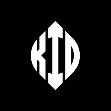 Çember ve elips şekilli KID daire harf logosu tasarımı. Tipografik biçimli çocuk elips harfleri. Üç baş harf daire şeklinde bir logo oluşturuyor. KID Çemberi Amblemi Soyut Monogram Harf İşaretleme Vektörü.