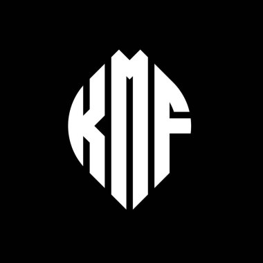 Çember ve elips şekilli KMF daire harf logosu tasarımı. Tipografik biçimli KMF elips harfleri. Üç baş harf daire şeklinde bir logo oluşturuyor. KMF Çember Amblemi Soyut Monogram Harf İşaretleyici Vektörü.