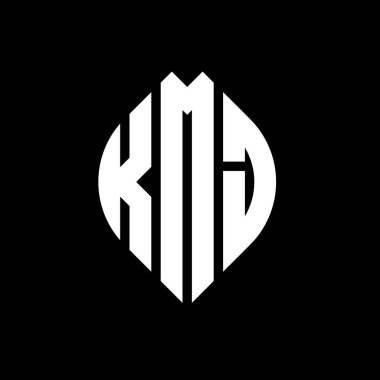 Çember ve elips şekilli KMJ daire harf logosu tasarımı. Tipografik biçimli KMJ elips harfleri. Üç baş harf daire şeklinde bir logo oluşturuyor. KMJ Çember Amblemi Soyut Monogram Harf İşaretleyici Vektörü.