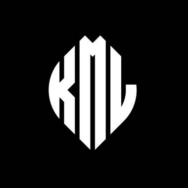 Çember ve elips şekilli KML daire harf logosu tasarımı. Tipografik biçimli KML elips harfleri. Üç baş harf daire şeklinde bir logo oluşturuyor. KML Çember Amblemi Soyut Monogram Harf İşaretleyici Vektörü.