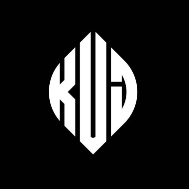 Çember ve elips şekilli KUJ daire harf logosu tasarımı. Tipografik biçimli KUJ elips harfleri. Üç baş harf daire şeklinde bir logo oluşturuyor. KUJ Çember Amblemi Soyut Monogram Harf İşaretleyici Vektörü.