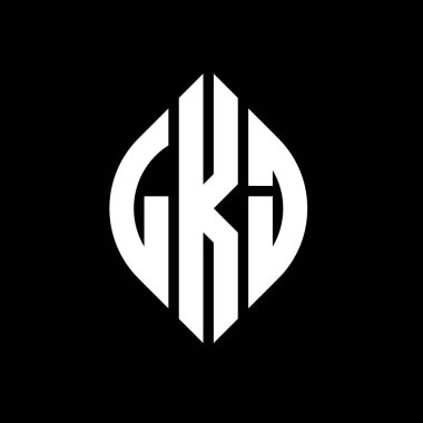 Çember ve elips şekilli LKJ daire harf logosu tasarımı. Tipografik biçimli LKJ elips harfleri. Üç baş harf daire şeklinde bir logo oluşturuyor. LKJ Çember Amblemi Soyut Monogram Harf İşaretleyici Vektörü.