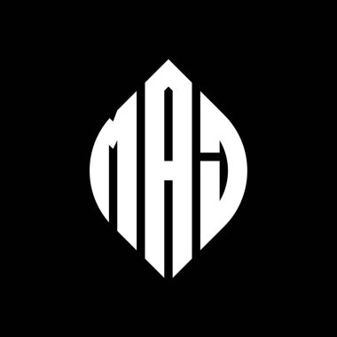 Çember ve elips şekilli MAJ daire harf logosu tasarımı. Tipografik biçimli MAJ elips harfleri. Üç baş harf daire şeklinde bir logo oluşturuyor. MAJ Çember Amblemi Soyut Monogram Harf İşaretleyici Vektörü.