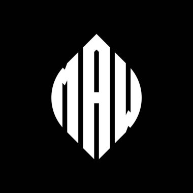Çember ve elips şekilli MAW daire harf logosu tasarımı. Tipografik biçimli MAW elips harfleri. Üç baş harf daire şeklinde bir logo oluşturuyor. MAW Çemberi Amblemi Soyut Monogram Harf İşaretleme Vektörü.