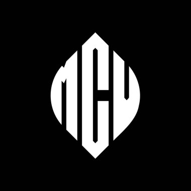 Çember ve elips şekilli MCV daire harf logosu tasarımı. Tipografik biçimli MCV elips harfleri. Üç baş harf daire şeklinde bir logo oluşturuyor. MCV Çember Amblemi Soyut Monogram Harf İşaretleyici Vektörü.