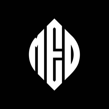 Çember ve elips şekilli MED daire harf logosu tasarımı. Tipografik biçimli MED elips harfleri. Üç baş harf daire şeklinde bir logo oluşturuyor. MED Çember Amblemi Soyut Monogram Harf İşaretleme Vektörü.