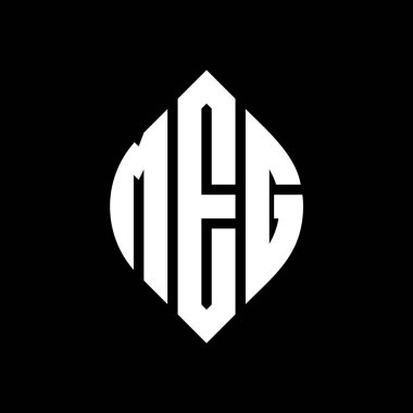 Çember ve elips şekilli MEG daire harf logosu tasarımı. Tipografik biçimli MEG elips harfleri. Üç baş harf daire şeklinde bir logo oluşturuyor. MEG Çember Amblemi Soyut Monogram Harf İşaretleyici Vektörü.
