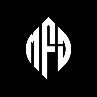 Çember ve elips şekilli MFJ daire harf logosu tasarımı. Tipografik tarzda MFJ elips harfleri. Üç baş harf daire şeklinde bir logo oluşturuyor. MFJ Çember Amblemi Soyut Monogram Harf İşaretleyici Vektörü.