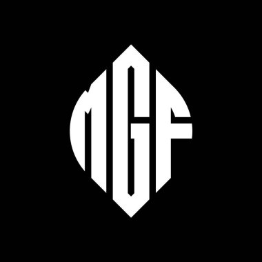Çember ve elips şekilli MGF daire harf logosu tasarımı. Tipografik biçimli MGF elips harfleri. Üç baş harf daire şeklinde bir logo oluşturuyor. MGF Çember Amblemi Soyut Monogram Harf İşaretleyici Vektörü.