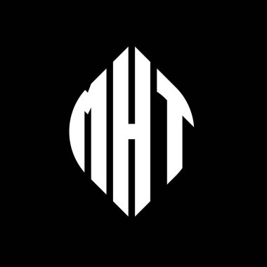 Çember ve elips şekilli MHT daire harf logosu tasarımı. Tipografik biçimli MHT elips harfleri. Üç baş harf daire şeklinde bir logo oluşturuyor. MHT Çember Amblemi Soyut Monogram Harf İşaretleyici Vektörü.