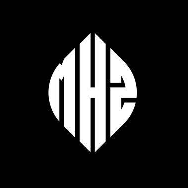 Çember ve elips şekilli MHZ daire harf logosu tasarımı. Tipografik biçimli MHZ elips harfleri. Üç baş harf daire şeklinde bir logo oluşturuyor. MHZ Çember Amblemi Soyut Monogram Harf İşaretleyici Vektörü.