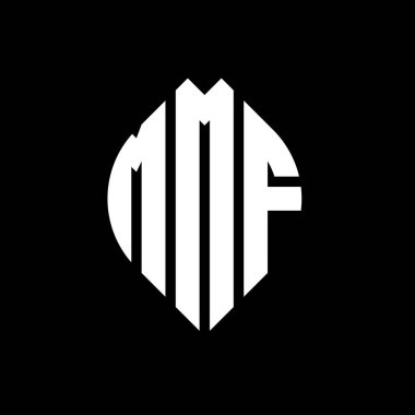 Çember ve elips şekilli MMF daire harf logosu tasarımı. Tipografik biçimli MMF elips harfleri. Üç baş harf daire şeklinde bir logo oluşturuyor. MMF Çember Amblemi Soyut Monogram Harf İşaretleyici Vektörü.
