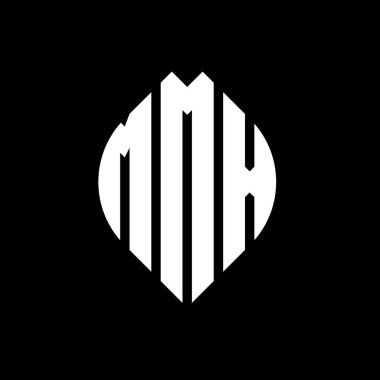 Çember ve elips şekilli MMX daire harf logosu tasarımı. Tipografik biçimli MMX elips harfleri. Üç baş harf daire şeklinde bir logo oluşturuyor. MMX Çember Amblemi Soyut Monogram Harf İşaretleyici Vektörü.
