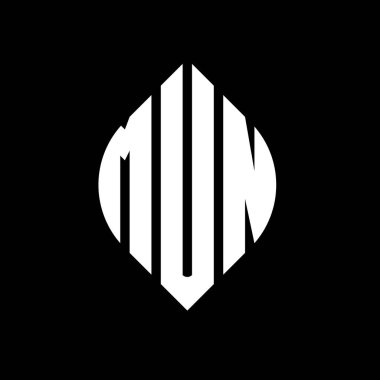 Çember ve elips şekilli MUN daire şeklinde harf logosu tasarımı. MUN elips harfleri tipografik tarzda. Üç baş harf daire şeklinde bir logo oluşturuyor. MUN Çemberi Amblemi Soyut Monogram Harf İşaretleme Vektörü.