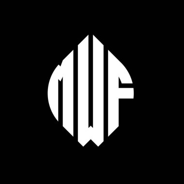 Çember ve elips şekilli MWF daire harf logosu tasarımı. MWF elips harfleri tipografik tarzda. Üç baş harf daire şeklinde bir logo oluşturuyor. MWF Çemberi Amblemi Soyut Monogram Harf İşaretleyici Vektörü.