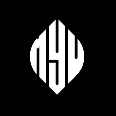 Çember ve elips şekilli MYV daire harf logosu tasarımı. Tipografik şekilli MYV elips harfleri. Üç baş harf daire şeklinde bir logo oluşturuyor. MYV Çember Amblemi Soyut Monogram Harf İşaretleyici Vektörü.