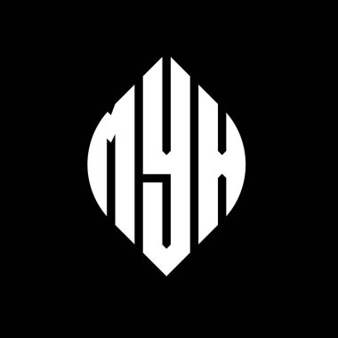 Çember ve elips şekilli MYX daire harf logosu tasarımı. Tipografik biçimli MYX elips harfleri. Üç baş harf daire şeklinde bir logo oluşturuyor. MYX Çember Amblemi Soyut Monogram Harf İşaretleyici Vektörü.