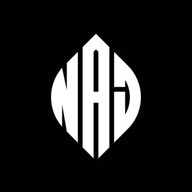 NAJ daire şeklinde ve elips şekilli harf logosu tasarımı. NAJ elips harfleri tipografik tarzda. Üç baş harf daire şeklinde bir logo oluşturuyor. NAJ Çember Amblemi Soyut Monogram Harf İşaretleme Vektörü.