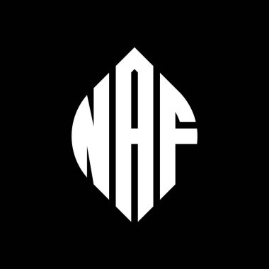 NAF daire harf logosu dizaynı. Çember ve elips şeklinde. NAF elips harfleri tipografik tarzda. Üç baş harf daire şeklinde bir logo oluşturuyor. NAF Çemberi Amblemi Soyut Monogram Harf İşaretleyici Vektörü.