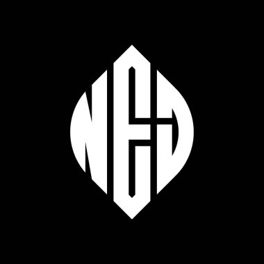 Daire ve elips şekilli NEJ daire harf logosu tasarımı. Tipografik şekilli NEJ elips harfleri. Üç baş harf daire şeklinde bir logo oluşturuyor. NEJ Çember Amblemi Soyut Monogram Harf İşaretleme Vektörü.