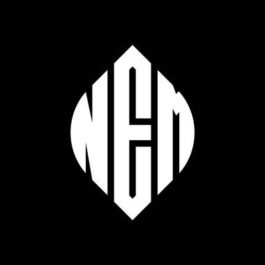 Çember ve elips şekilli NEM daire harf logosu tasarımı. Tipografik şekilli NEM elips harfleri. Üç baş harf daire şeklinde bir logo oluşturuyor. NEM Çemberi Amblemi Soyut Monogram Harf İşaretleme Vektörü.