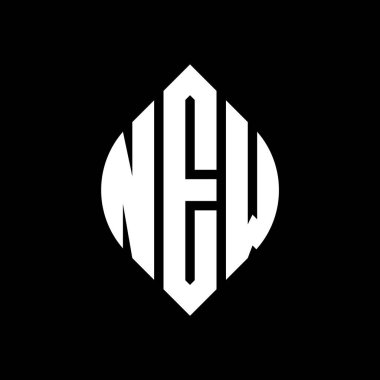 Dairesel ve elips şekilli YENİ daire harf logosu tasarımı. Tipografik şekilli elips harfler. Üç baş harf daire şeklinde bir logo oluşturuyor. YENİ Çember Amblemi Soyut Monogram Harf İşaretleyici Vektörü.