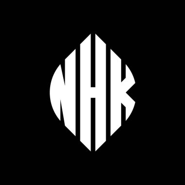 Çember ve elips şekilli NHK daire harf logosu tasarımı. Tipografik biçimli NHK elips harfleri. Üç baş harf daire şeklinde bir logo oluşturuyor. NHK Çember Amblemi Soyut Monogram Harf İşaretleyici Vektörü.