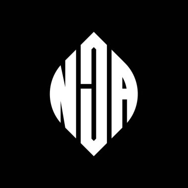 Çember ve elips şekilli NJA daire harfli logo tasarımı. Tipografik tarzda NJA elips harfleri. Üç baş harf daire şeklinde bir logo oluşturuyor. NJA Çember Amblemi Soyut Monogram Harf İşaretleyici Vektörü.