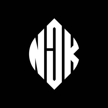 Çember ve elips şekilli NJK daire harf logosu tasarımı. Tipografik biçimli NJK elips harfleri. Üç baş harf daire şeklinde bir logo oluşturuyor. NJK Çember Amblemi Soyut Monogram Harf İşaretleyici Vektörü.