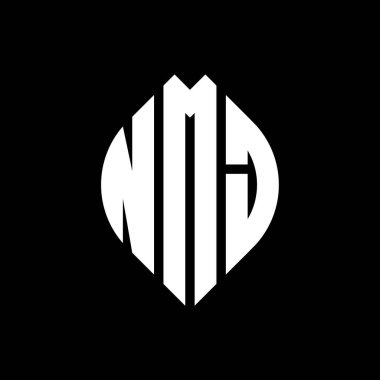 Çember ve elips şekilli NMJ yuvarlak harf logosu tasarımı. Tipografik biçimli NMJ elips harfleri. Üç baş harf daire şeklinde bir logo oluşturuyor. NMJ Çember Amblemi Soyut Monogram Harf İşaretleyici Vektörü.