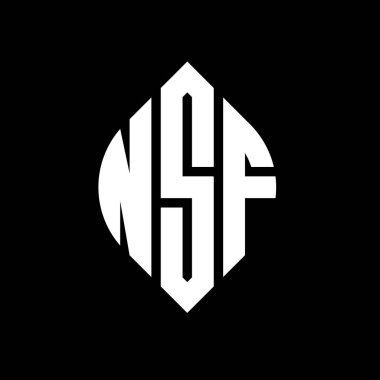 Çember ve elips şekilli NSF daire harf logosu tasarımı. Tipografik tarzda NSF elips harfleri. Üç baş harf daire şeklinde bir logo oluşturuyor. NSF Çember Amblemi Soyut Monogram Harf İşaretleyici Vektörü.