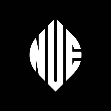 Çember ve elips şekilli NUE daire harf logosu tasarımı. Tipografik biçimli NUE elips harfleri. Üç baş harf daire şeklinde bir logo oluşturuyor. NUE Çember Amblemi Soyut Monogram Harf İşaretleyici Vektörü.