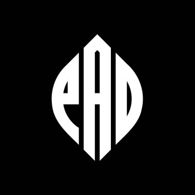 Çember ve elips şekilli PAD daire harf logosu tasarımı. Tipografik biçimli PAD elips harfleri. Üç baş harf daire şeklinde bir logo oluşturuyor. PAD Çemberi Amblemi Soyut Monogram Harf İşaretleme Vektörü.