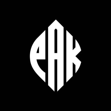 Çember ve elips şekilli PAK daire harf logosu tasarımı. Tipografik şekilli PAK elips harfleri. Üç baş harf daire şeklinde bir logo oluşturuyor. PAK Çemberi Amblemi Soyut Monogram Harf İşaretleme Vektörü.