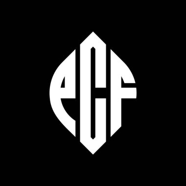 Çember ve elips şekilli PCF daire harf logosu tasarımı. Tipografik biçimli PCF elips harfleri. Üç baş harf daire şeklinde bir logo oluşturuyor. PCF Çember Amblemi Soyut Monogram Harf İşaretleyici Vektörü.