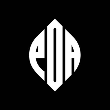 Çember ve elips şekilli PDA daire harf logosu tasarımı. Tipografik şekilli PDA elips harfleri. Üç baş harf daire şeklinde bir logo oluşturuyor. PDA Çemberi Amblemi Soyut Monogram Harf İşaretleme Vektörü.